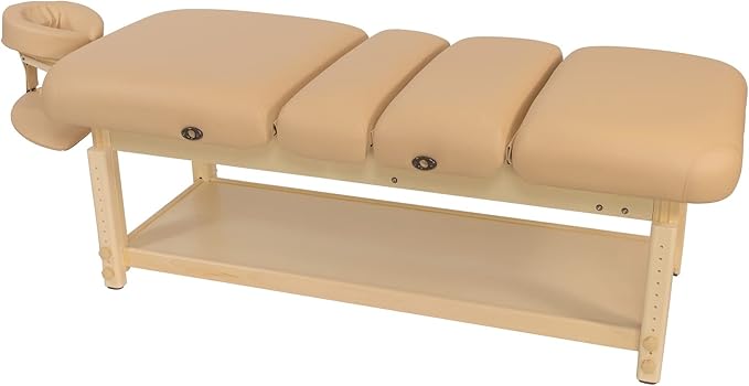 Professional Massage Table - Heavy Duty Stationary Spa Bed with Adjustable Headrest and Pneumatic Lift System - Includes Headrest and Arm Rests - Beige