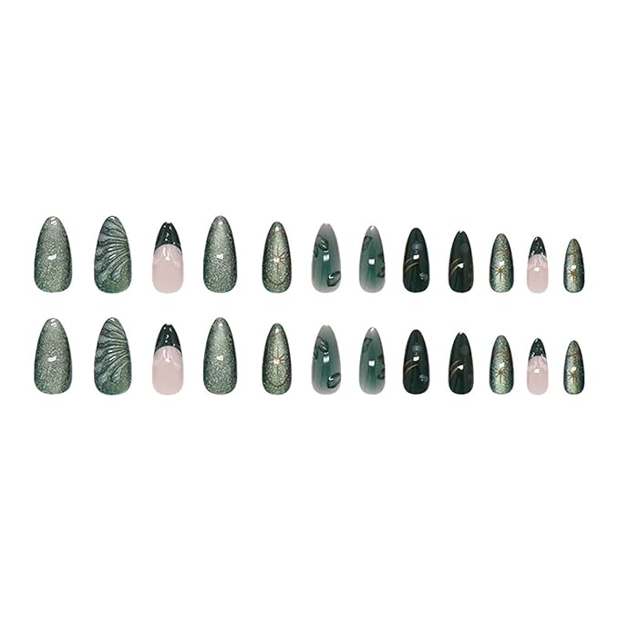 24Pcs Dark Green Press on Nails Medium Almond Fake Nails Silver Star with 3D Leaf Glossy Stick on Nails Full Cover Designs Artificial Reusable French Tip False Nails Glue on Nails for Acrylic Nails