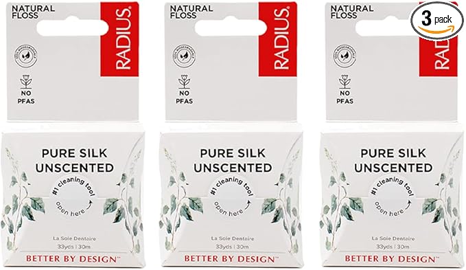 RADIUS Dental Floss, Natural Floss, Unscented Silk, 33 Yards, Compostable & Non-Toxic Oral Care Designed to Help Fight Plaque, Pack of 3