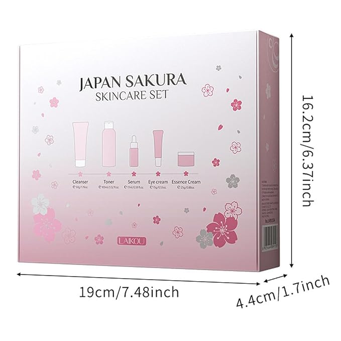 Sakura Skincare Kit for Teenage Girls Women, 5Pcs Skin Care Travel Present Set with Cleanser, Toner, Serum, Eye Cream, Face Cream