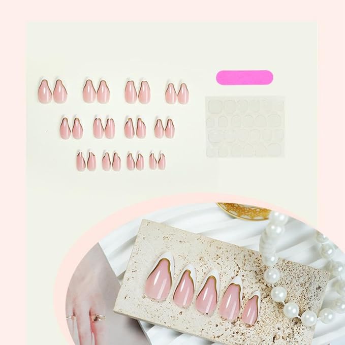 White French Tip Press on Nails Gold Line Fake Nails Medium Almond False Nail with Design Nude Glue on Nails Artificial Acrylic Full Cover Glossy Stick on Nail for Women Manicure 24Pcs