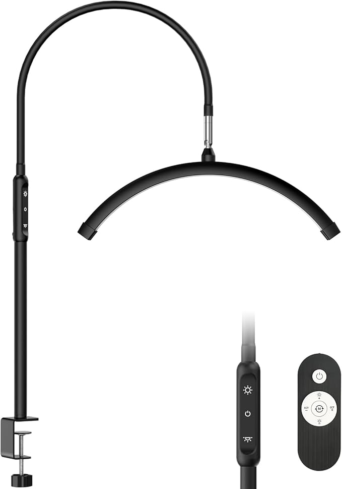 Half Moon Light with Clamp, LED Manicure Table Lamp, Desk Lamp for Nail Desk, Eyelash Extensions, Skincare and Tattoo, 5 Brightness Levels and 5 Color Modes, Remote Control (Black)