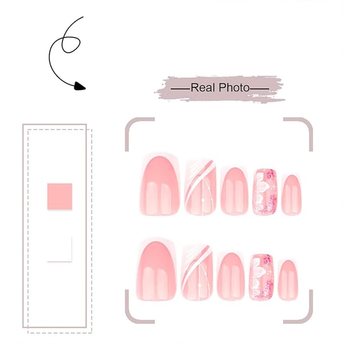 White French Tip Press on Nails Square Medium Fake Nails Flowers False Nails Pink Glossy Full Cover Acrylic Nail Floral Artificial Stick on Nail for Women Manicure DIY
