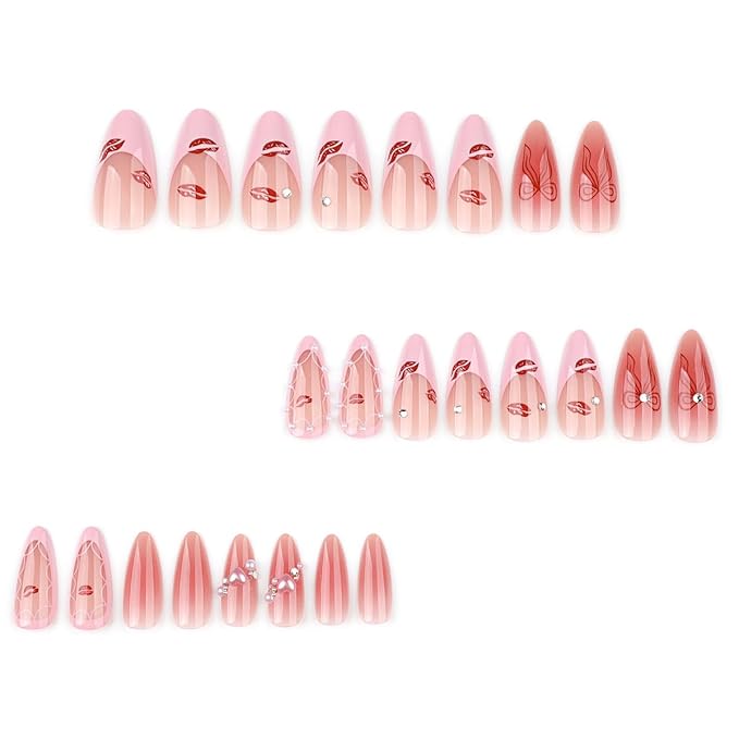 24Pcs Pink French Tip Press on Nails Almond Medium Fake Nails Pearl Rhinestone Design Nude Pink False Nails Red Lips Acrylic Nails Cute Bow Stick on Nails Full Cover Glossy Glue on Nail for Women Gift