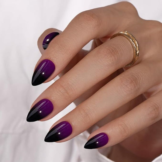 KQueenest Purple Black Press On Nails Short Almond, Ombre French Press On Nails with Glue, Dark Fake Nails Press ons, Soft Gel Glue on Nails with Gradient Design for Women Gift, 30 Pcs