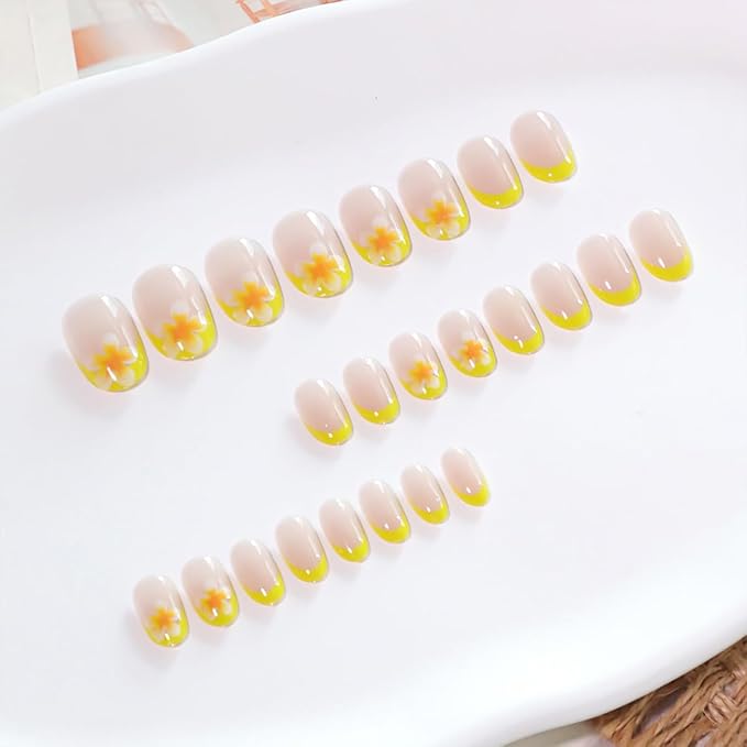 Yellow French Press on Nails with Flower Designs Short Oval Fake Nails Nude Glossy Acrylic Press in Nails Full Cover Stick on Nails for Women Nail Manicure 24 Pcs