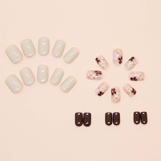 Flower Press on Nails Square Fake Nails Short False Nails with Design Brown Acrylic Nails Full Cover Artificial Nails Glossy Glue on Nails Stick on Nails for Women Manicure Art 24Pcs