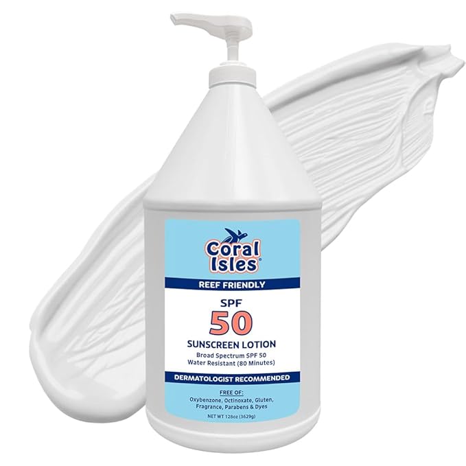 Coral Isles by Rocky Mountain Sunscreen | SPF 50 Lotion | Broad Spectrum UVA/UVB Protection | Hawaii Reef-Safe Act Compliant | Oxybenzone & Octinoxate Free | Water Resistant 80 Min. | 128 Fl Oz