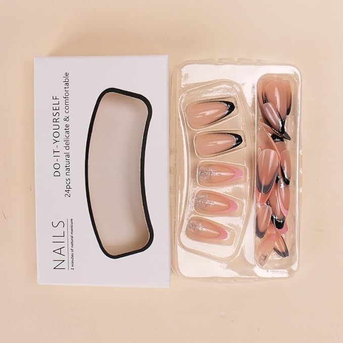 French Tip Press On Nails - Medium Almond Glitter False Nails with Designs - Black Pink Tip Glue On Full Cover Acrylic Stick On Nails for Women Girls