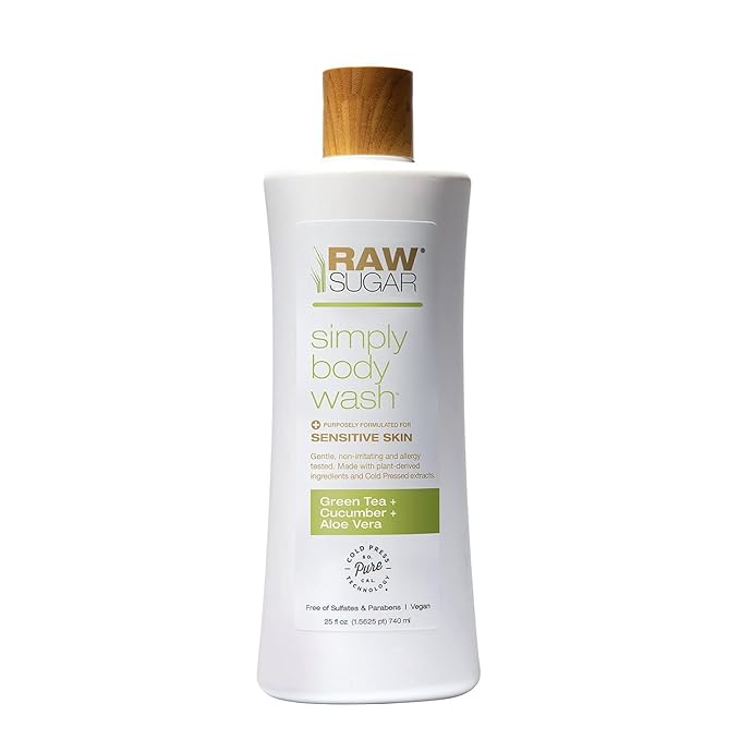 RAW SUGAR Simply Body Wash, (25 Fl Oz, Pack of 1) Bath Soap, Formulated without Sulfates & Parabens (Green Tea + Cucumber + Aloe Vera)
