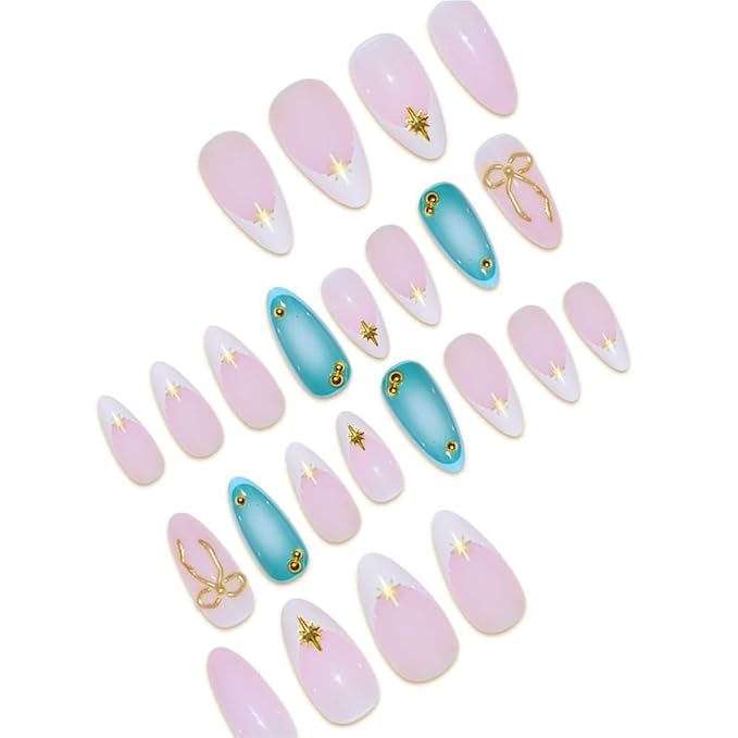 Blue Press on Nails Medium Almond Fake Nails with 3D Gold Bow Steel Ball Charms Design White French Tips Glue on Nails Glossy Blue Artificial False Nails for Women Girls Manicure Decoration Tips 24Pcs