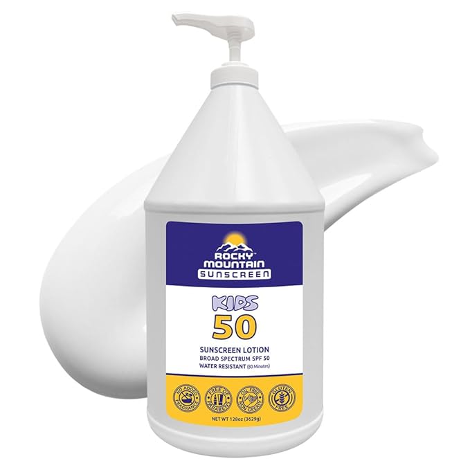 KIDS Rocky Mountain Sunscreen SPF 50 Gallon Sunscreen Lotion | Broad Spectrum UVA/UVB Protection | Hawaii 104 Reef Act Compliant (Oxybenzone & Octinoxate Free) | Water Resistant 80 Min. | (128 Fl Oz)