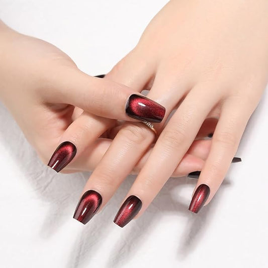 evpct Deep Burgundy Red Cat Eye Press on Nails Square Medium Coffin, Medium Square Glue on Nails for Women Gift, Dark Red Metallic Glitter Glossy Reusable Spring Summer Gel Press on Acrylic Fake Nail