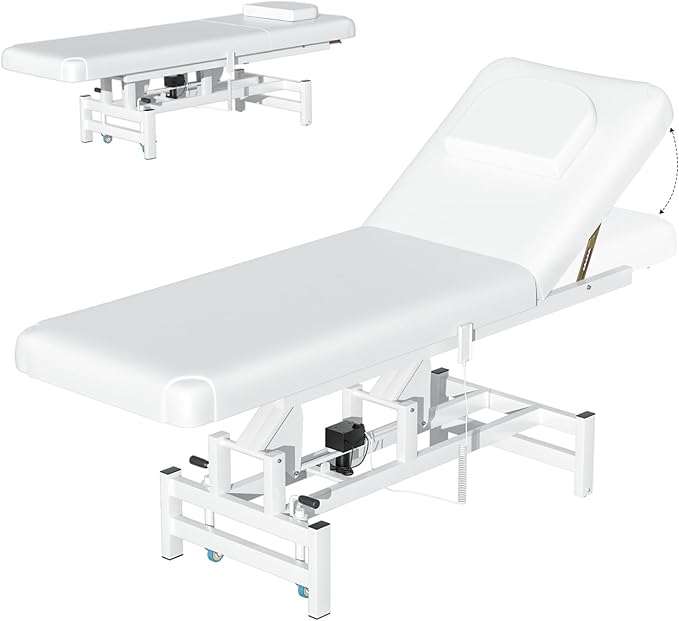 Electric Adjustable Backrest Massage Table for Esthetician, Heavy Duty Professional Electric Lift Massage Bed for Spa Treatment, Salon, Physical Therapy, Facial, Tattoo, Reiki, and Beauty, White