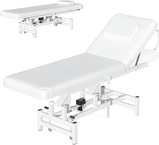 Electric Adjustable Backrest Massage Table for Esthetician, Heavy Duty Professional Electric Lift Massage Bed for Spa Treatment, Salon, Physical Therapy, Facial, Tattoo, Reiki, and Beauty, White