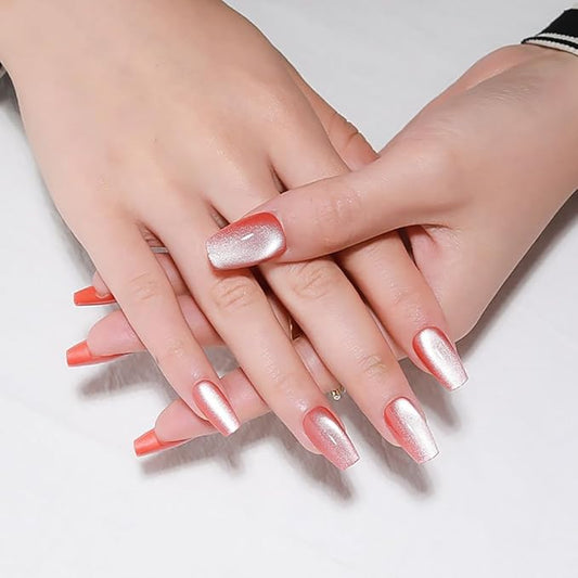 evpct Pink Cat Eye Coffin Press on Nails Square Medium, Medium Square Glue on Nails for Women Gift, Warm Pink Metallic Glitter Glossy Reusable Spring Summer Gel Press on Acrylic Fake Nail with Design