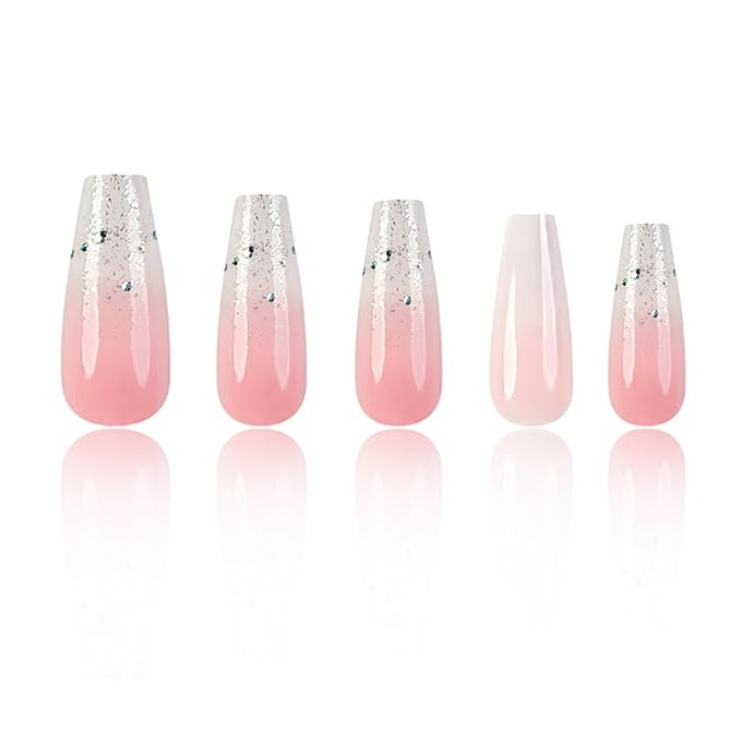Hkanlre Bling Press on Nails Long Gradient Fake Nails Tips Full Cover False Coffin Nails for Women and Girls 24PCS