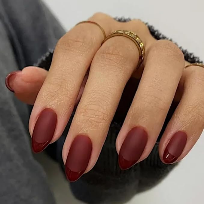 Burgundy Red French Tip Press on Nails Short Almond Nails Press ons, Short Fake Nails with Matte Finish, Dark Maroon French Glue on Nail False Nail for Women Fall Winter, in 32 Pcs 16 Sizes