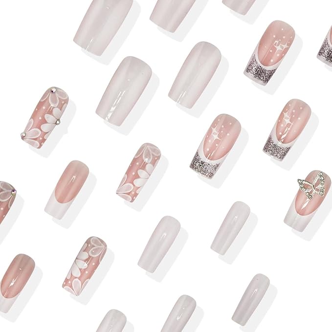 24Pcs White French Tip Press on Nails Medium Square Nails Spring Flower Fake Nails with Butterfly Designs White Floral Acrylic Nails Solid Color False Nails Silver Glitter Stick on Nails for Women