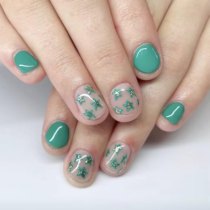 Green Press on Nails Short Square Fake Nails Spring False Nails with Designs Green Star Glue on Nails Cute Acrylic Nails Full Cover Summer False Nail Tips Reusable Stick on Nails for Women 24PCS