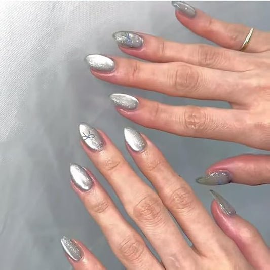 Silver Press on Nails Short Almond Fake Nails Cat Eye Acrylic Nails Glossy Shiny False Nails with Bow Artificial Nails Full Cover Glue on Nails for Women Girls Manicure Nails Decoration 24Pcs