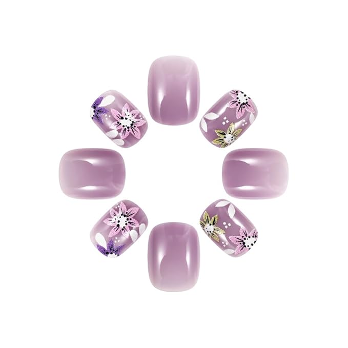 Spring Flower Press on Nails Short Square Fake Nails Gradient Purple Nails Press ons with Ombre Flowers Designs Cute Acrylic Nail Kit Spring Summer Nail Designs Floral Glue on Nails for Women 24Pcs