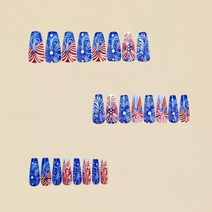 Long Press on Nails Coffin Fake Nails Blue False Nails with Design Full Cover Nails for Independence Day 24pcs Kit