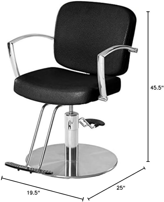 Pibbs Ayla Styling Chair for Professional Salons and Barbershops, Flat Round Base, Chrome Arms, in Black, PIB-AYLA