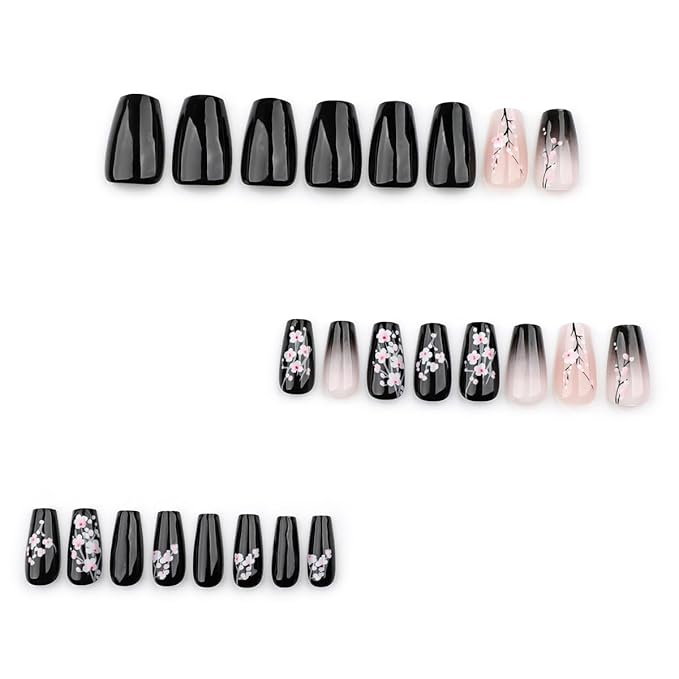 Spring Press on Nails Medium Coffin Shape Fake Nails with Black and Pink Cherry Blossom Designs Gradient Ombre Flower Glue on Nails Glossy Finish Artificial Nails for Women Girls, 24Pcs