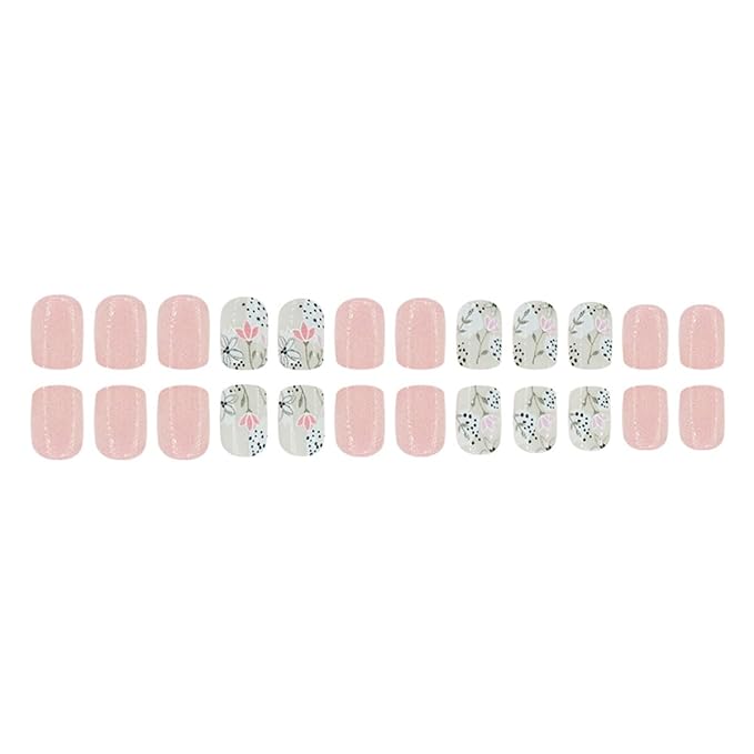 Square Press on Nails Short Fake Nails Full Cover Glossy Acrylic Nails with Designs Natural Nude False Nails Spring Flower Stick on Nails Reusable Pink Glue on Nails for Women DIY Manicure