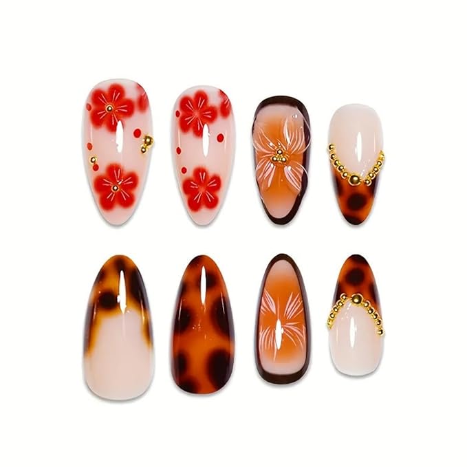 Flower Press on Nails French Tip Fake Nails Leopard Print Glue on Nails with Gold Design Medium Almond False Nail Glossy Full Cover Brown Stick on Nail for Women Girls Manicure 24Pcs