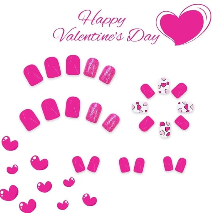 2 Packs 48Pcs Valentine's Day Press on Nails Short Square Fake Nails Heart Acrylic Nails French Tip False Nails Glossy Cute Glue on Nails Kid Heart Love Stick on Nails for Women Girls Nails Decoration