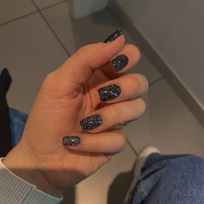Modelones 32Pcs Sparkle Black Press on Nails, Glitter Short Christmas Square Fake Nails, Reusable Nail Kit with Nail Glue Adhesive Tabs Mini Nail File, Nails Press Ons 16 Sizes