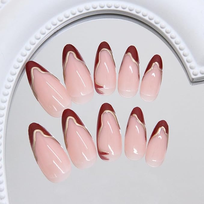 French Tip Press on Nails Wine Red Almond Fake Nails Medium Gold Stripes Acrylic False Nails Nude Glue on Artificial Nails for Women Manicure 24Pcs