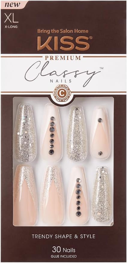 KISS Premium Classy Fake Nails French Manicure Set with Jeweled Rhinestone Nail Art Accents, Style 'Sophisticated', with Pink Gel Nail GLue & 30 Glue-On Nails (Pack of 1)