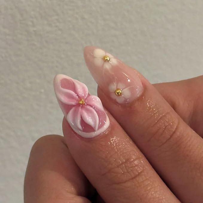 24Pcs Pink Flower Press on Nails Medium Almond Fake Nails 3D Floral with Gold Pearl Glossy Glue on Nails French Tip False Nails Cute Summer Stick on Nails for Women Girls Acrylic Manicure Salon Tips