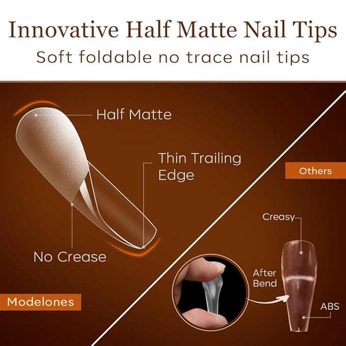 Modelones Long Coffin Nail Tips - 500Pcs Pre-shaped Half Matte Full Cover Fake Nails Gel Tips Acrylic Press on Manicure Extension DIY 10 Sizes