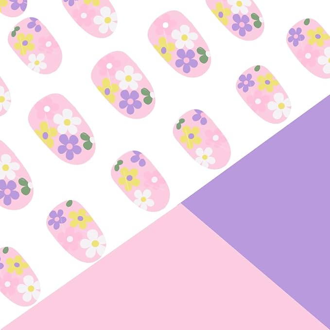 24Pcs Flower Press on Nails Short Fake Nails Colorful Daisy Glue on Nails Floral Acrylic Nails Almond Shape False Nails Spring Stick on Nails Cute Artificial Nails for Women Girls Wear Manicure Kit