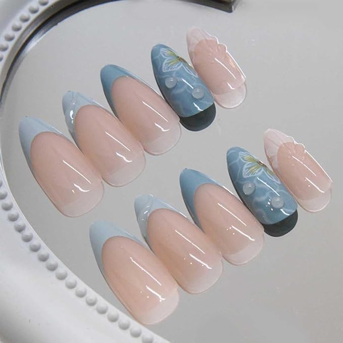 Almond Press-On Nails - Medium French Tips Blue Glossy Full Cover for Women, 24 PCS (Blue 3D French)