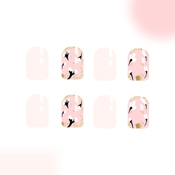 Flower Press on Nails Short Square Fake Nails with Designs Gold Glitter False Nails White Full Cover Glossy Acrylic Nails Summer Glue on Nails Cute Artificial Stick on Nails for Women Manicure 24 Pcs
