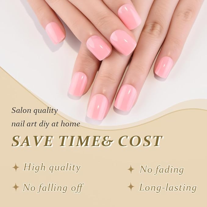 evpct Nude Pink Glossy Press on Nails Short Square, Glossy Pink Fake Nails Summer Reusable, Acrylic False Nail Stick Glue on Press ons for Women Gifts, Durable Perfectly Fit False Nail Kit Glue 30Pcs
