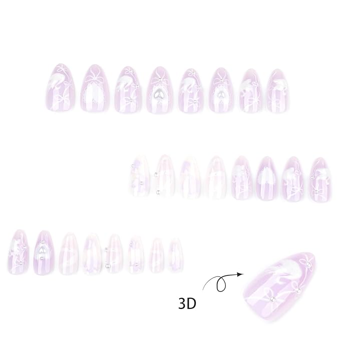 24pcs Flower Press on Nails Medium Almond Fake Nails with 3D White Swan Pearl Designs Cute False Nails Bow Heart Glue on Nails Full Cover Acrylic Nails Stick on Nails for Women Nail Decoration