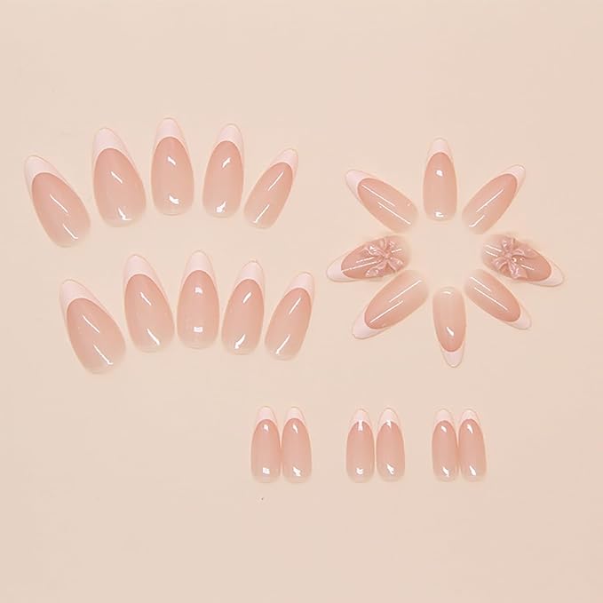 24Pcs Pink French Tip Press on Nails Medium Almond Shaped Fake Nails Cute Bow Charm Design Glue on Nails Reusable Acrylic False Nails Nude Pink Stick on Nails for Women Girls French Stiletto Manicure