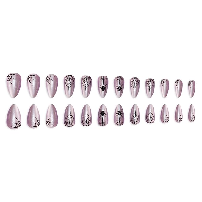 24Pcs Halloween Press on Nails Short Pink Chrome Fake Nails Almond Shaped Black Spider Web Full Cover Glitter Glue on Nails Goth False Nails Artificial Reusable Stick on Nail for Women Acrylic Salon