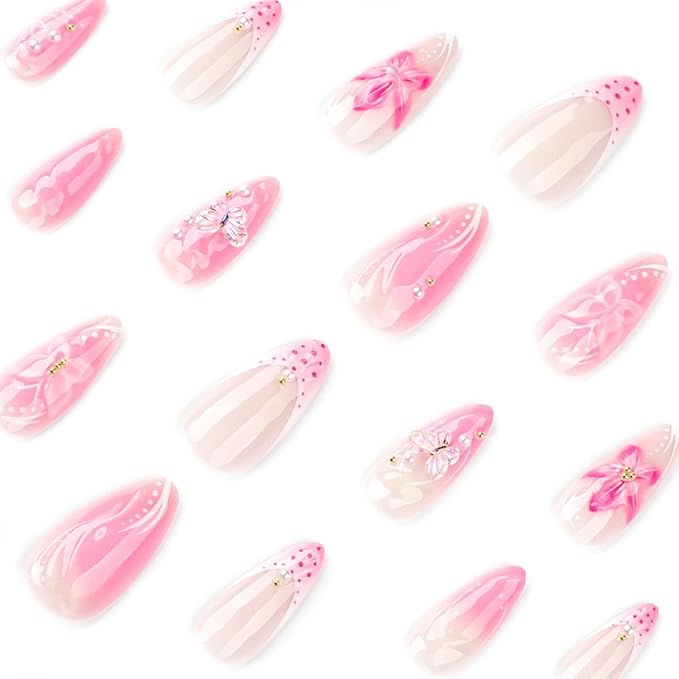 24Pcs Handmade Press on Nails Medium Almond Fake Nails with Flower Designs Clear 3D Butterfly Charms Pearl Beads Rhinestones Acrylic Nail Glossy French Tips Glue on Nails for Women Daily Wear