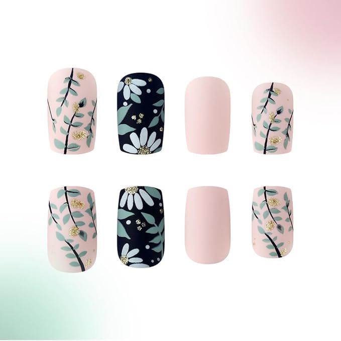 Flower Press on Nails Short Square Fake Nails Matte Spring Summer Glue on Nails with Flower Leaf Designs Acrylic Stick on Nails Reusable Artificial Nails for Women Manicure Decorations 24Pcs