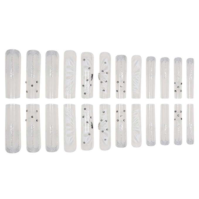 Press on Nails Super Long Rhinestone White Fake Nails Square Bling Glossy Butterfly False Nail Tips Artificial Nails Finger Manicure for Women and Girls-24pcs