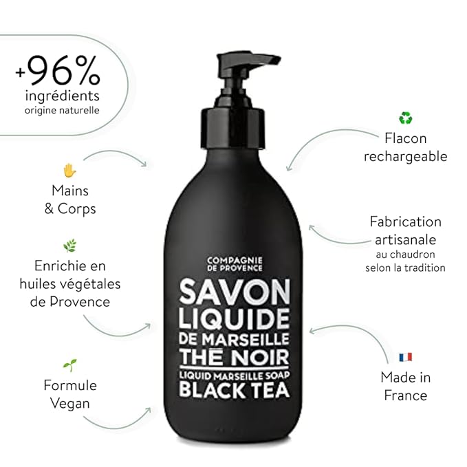 Compagnie de Provence Savon de Marseille Liquid Soap - Black Tea - 10 Fl Oz Glass Pump Bottle