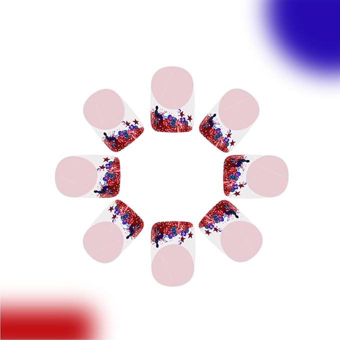 24Pcs 4th of July Nails French Tip Press on Nails with Designs Short Square Fake Nails Red White Glitter Nail Tips Acrylic Stick on Nails Full Cover Glue on Nails for Women Holiday Manicure Decoration