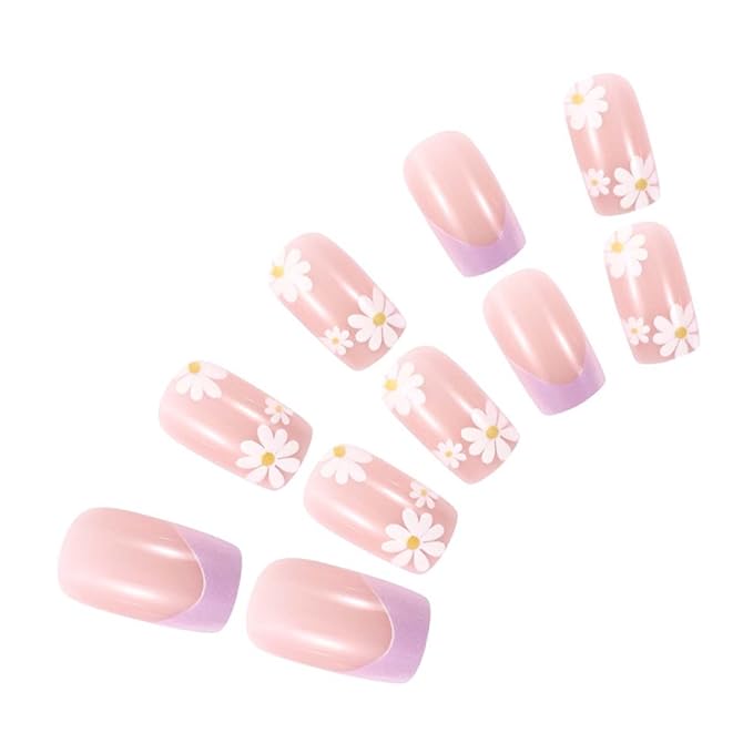 Square Press on Nails Medium Fake Nails French Tip False Nails with Flower Design Nude Acrylic Nails Artificial Nails Glossy Full Cover Glue on Nails Stick on Nails for Women Manicure 24Pcs